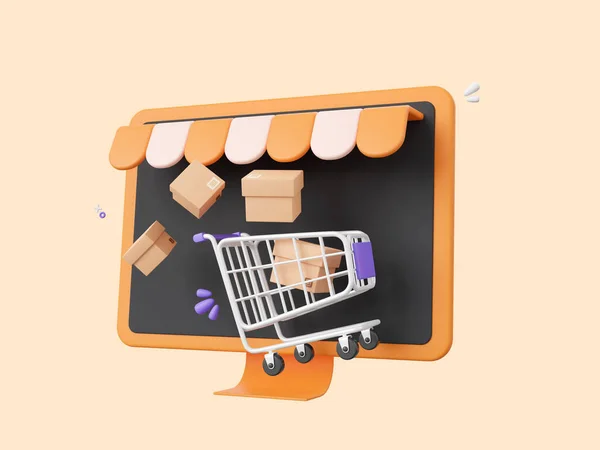 Cartoon Design Illustration Shop Screen Monitor Shopping Cart Parcel Box — Stock Photo, Image