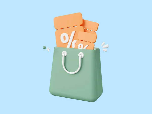 3d cartoon design illustration of Discount code and shopping bag, Advertising marketing promotion concept.