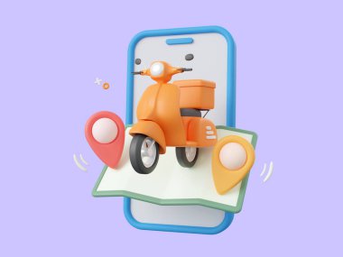 Teslimat servisinin 3d tasarım çizimi, teslimat uçağı, kamyon ve mobiletinin haritada yeri var..