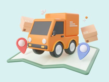 Teslimat servisinin 3d tasarım çizimi, teslimat uçağı, kamyon ve mobiletinin haritada yeri var..