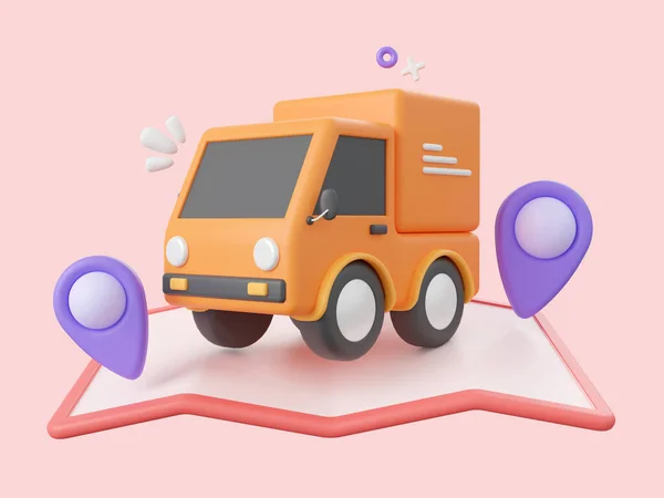 3d cartoon design illustration of Delivery service, Delivery airplane, truck and scooter with pins on map.