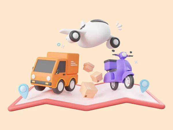3d cartoon design illustration of Delivery service, Delivery airplane, truck and scooter with pins on map.