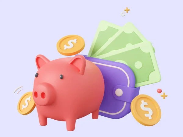 Kreslený Design Ilustrace Banky Piggy Peněženkou Dolarovými Mincemi Bankovkami Koncept — Stock fotografie