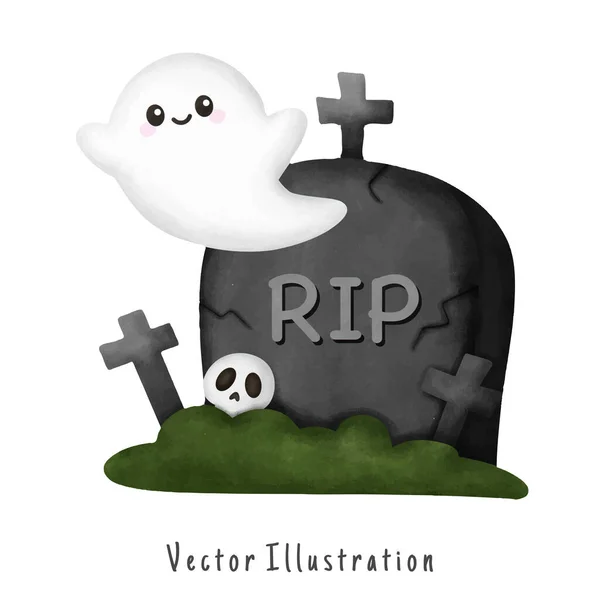 Ghost Med Graven Halloween Vektor Akvarell Illustration — Stock vektor