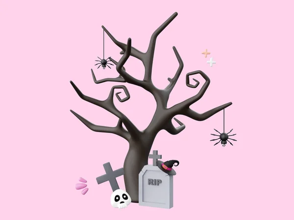 Grave Med Döda Träd Halloween Tema Element Illustration — Stockfoto