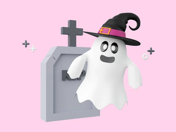 Tumba Con Fantasma Lindo Halloween Tema Elementos Ilustración —  Fotos de Stock
