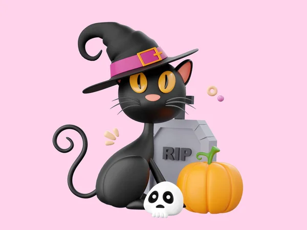 Svart Katt Med Grav Och Pumpa Halloween Tema Element Illustration — Stockfoto