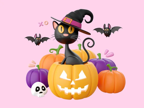 ブラック猫とともにジャック ランタンカボチャ ハロウィンのテーマ要素3Dイラスト — ストック写真