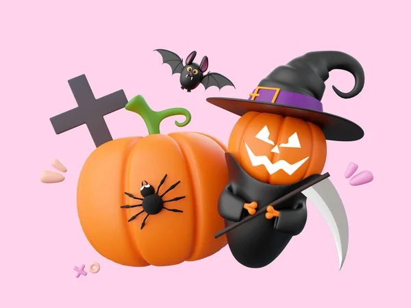 Fantasma Lindo Calabaza Con Araña Murciélago Halloween Tema Elementos Ilustración —  Fotos de Stock