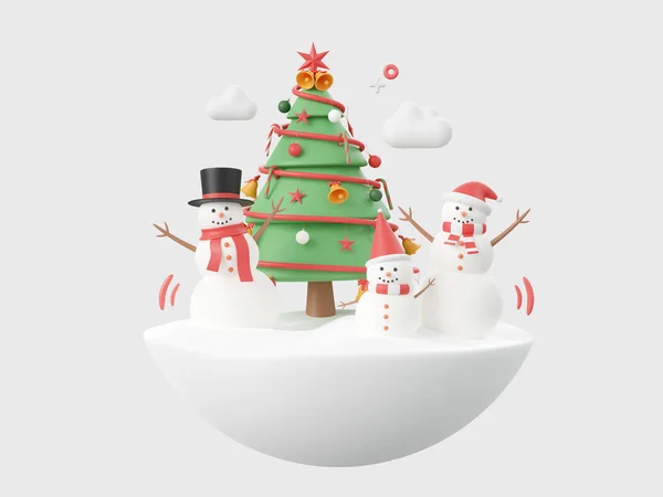 White cute snowman with Christmas tree, Christmas theme elements 3d illustration