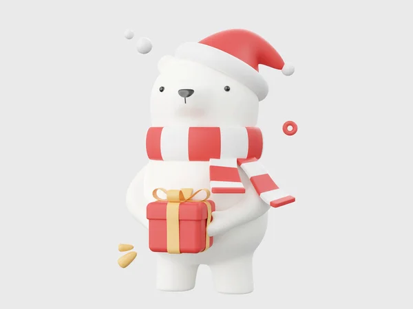 Cute Niedźwiedź Santa Kapelusz Gospodarstwa Pudełko Prezent Boże Narodzenie Elementy — Zdjęcie stockowe