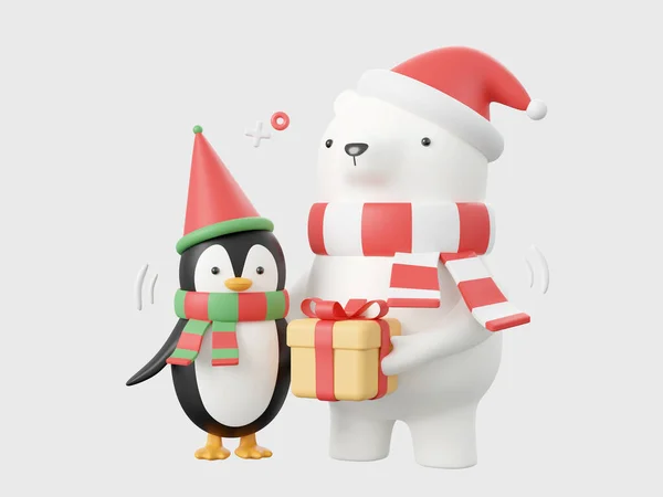 Cute penguin and bear with Santa hat holding Christmas gift box, Christmas theme elements 3d illustration