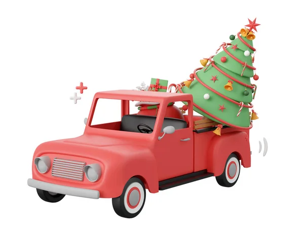 Czerwony Samochód Ciężarowy Choinką Elementy Boże Narodzenie Motyw Ilustracja — Zdjęcie stockowe