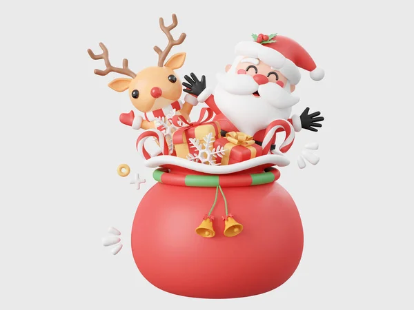 かわいいサンタクロースとクリスマスギフトバッグ クリスマスのテーマ要素3Dイラスト — ストック写真