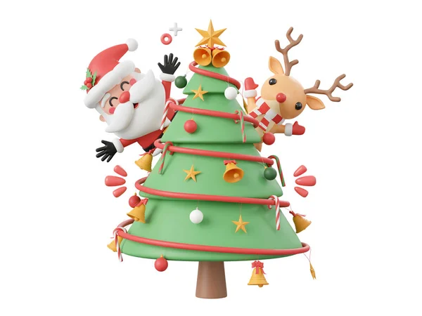 Vánoční Stromek Santa Clausem Soby Vánoční Téma Prvky Ilustrace — Stock fotografie