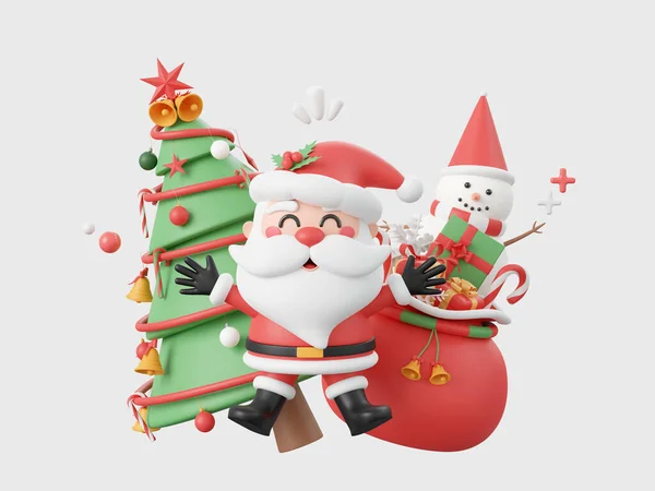 Vánoční Stromek Santa Clausem Sněhulák Vánoční Tématické Prvky Ilustrace — Stock fotografie