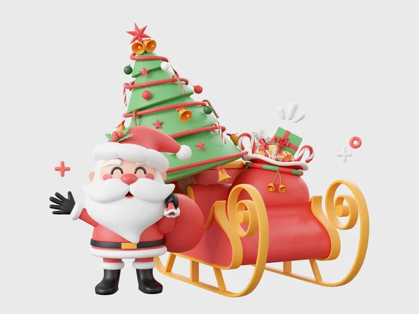 带雪橇和圣诞树的可爱圣诞老人 圣诞节主题元素3D插图 — 图库照片