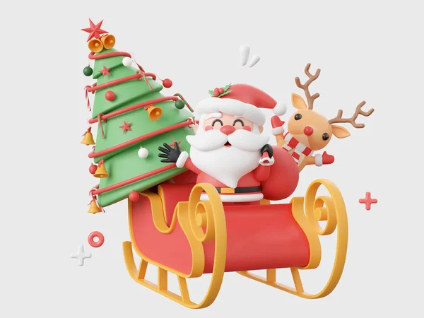 可爱的圣诞老人和驯鹿 配有雪橇和圣诞树 圣诞节主题元素3D说明 — 图库照片
