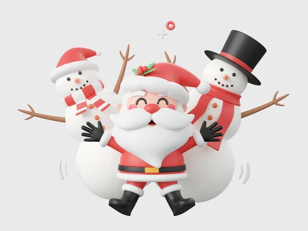 圣诞老人与白色可爱的雪人 圣诞主题元素3D插图 — 图库照片