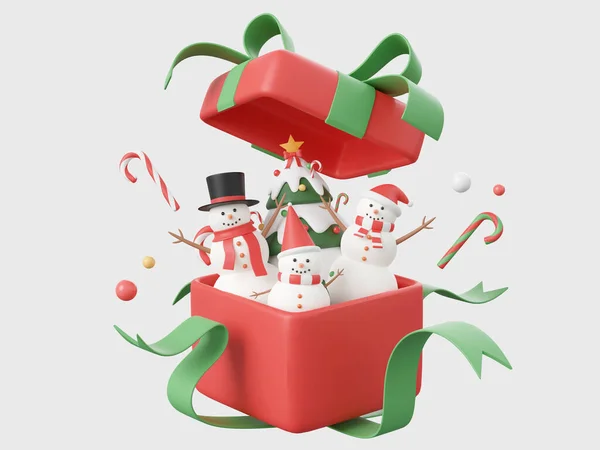 Schneemann Mit Dekorationen Geöffneter Geschenkbox Elemente Des Weihnachtsthemas Illustration — Stockfoto