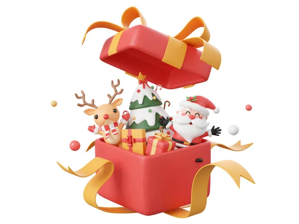 Święty Mikołaj Renifery Dekoracjami Otwartym Pudełku Elementy Boże Narodzenie Motyw — Zdjęcie stockowe