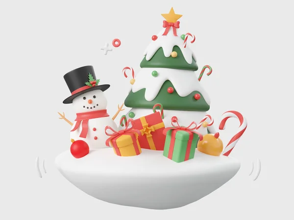 Schneemann Mit Weihnachtsbaum Und Geschenkbox Elemente Des Weihnachtsthemas Illustration — Stockfoto