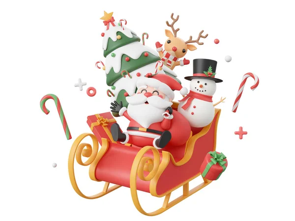 Święty Mikołaj Bałwanem Reniferów Saniach Elementy Boże Narodzenie Motyw Ilustracja — Zdjęcie stockowe