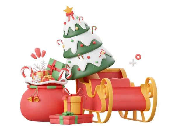 Weihnachtstasche Und Dekoration Mit Weihnachtsbaum Auf Schlitten Elemente Des Weihnachtsthemas — Stockfoto