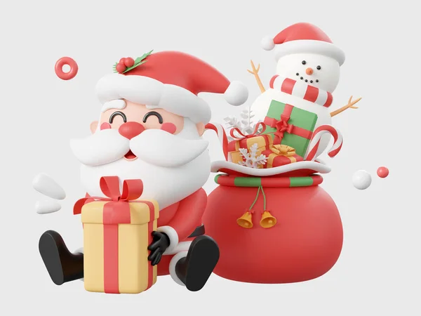 クリスマスプレゼントと雪だるまとサンタクロース クリスマステーマ要素3Dイラスト — ストック写真