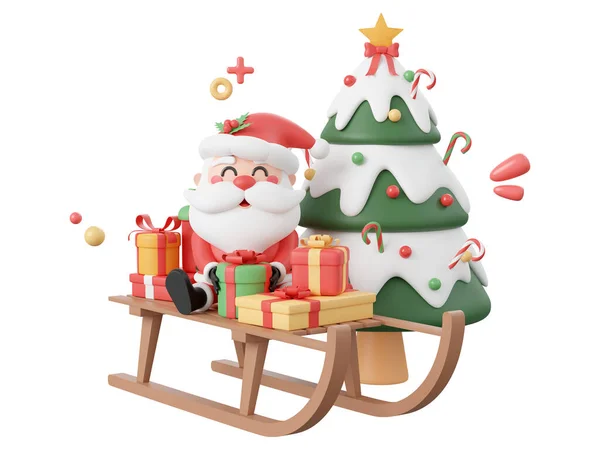 Santa Claus Regalo Navidad Trineo Con Árbol Navidad Elementos Temáticos — Foto de Stock