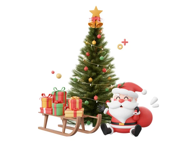 Άγιος Βασίλης Και Δώρο Χριστουγέννων Στο Έλκηθρο Χριστουγεννιάτικο Δέντρο Χριστούγεννα — Φωτογραφία Αρχείου