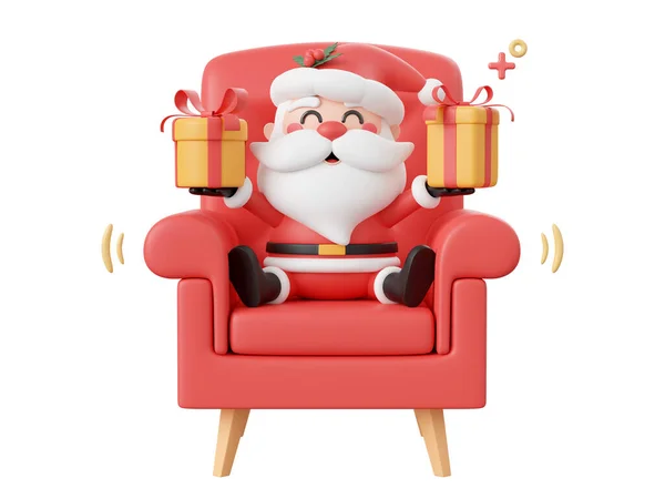 Święty Mikołaj Siedzi Kanapie Trzymając Prezent Świąteczny Elementy Tematyczne Boże — Zdjęcie stockowe