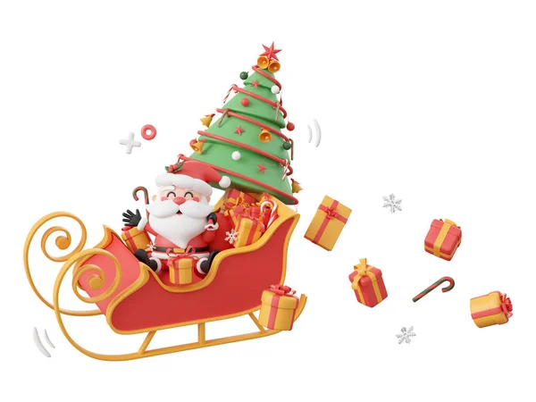Weihnachtsmann Und Weihnachtsbaum Und Geschenk Auf Schlitten Elemente Des Weihnachtsthemas — Stockfoto
