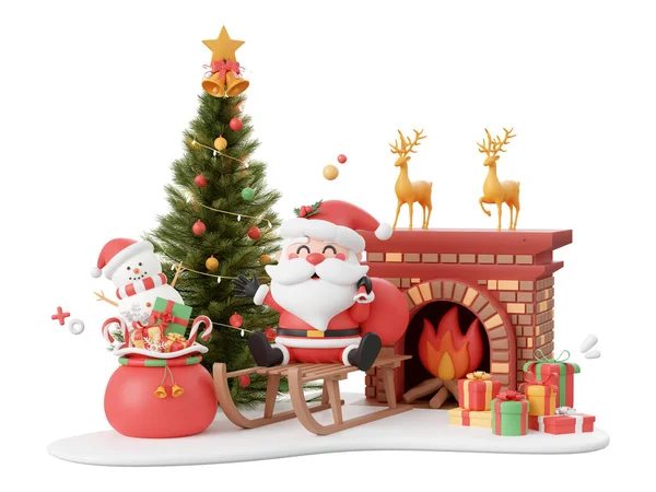 圣诞老人 雪人和圣诞树的圣诞场景 圣诞主题元素3D插图 裁剪路径 — 图库照片