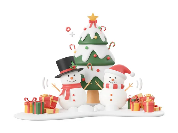 Snowman Christmas Tree Snow Ground Christmas Theme Elements Illustration — Stock Photo, Image