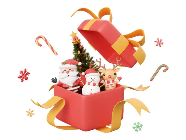 Santa Claus Sněhulák Sobi Vánoční Stromeček Otevřené Dárkové Krabici Vánoční — Stock fotografie