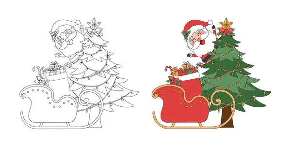 Санта Клаус Сани Рождественской Подарочной Сумкой Елкой Рождественская Тематика Рисования — стоковый вектор