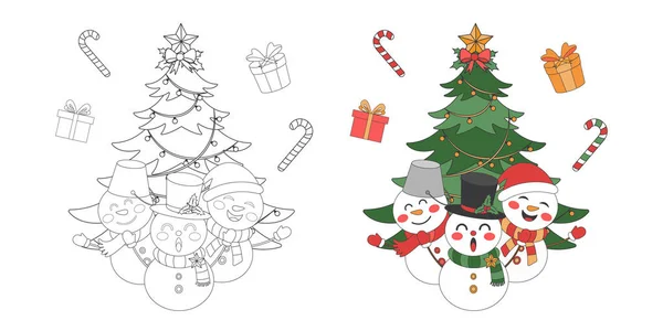 クリスマスツリーとギフトと雪だるま クリスマステーマラインアート落書き漫画イラスト 子供のための絵本 メリークリスマス — ストックベクタ