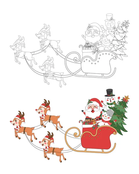 Санта Клаус Санях Снеговиком Рождественская Тематическая Линия Рисования Каракули Иллюстрации — стоковый вектор