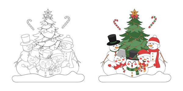 Snowman family with Christmas tree, Christmas theme line art doodle cartoon illustration, Coloring book for kids, Merry Christmas.