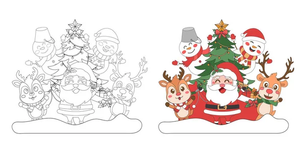 Santa Claus Muñeco Nieve Renos Con Árbol Navidad Ilustración Dibujos — Vector de stock