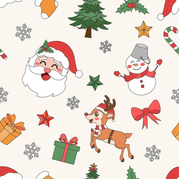Christmas Theme Line Art Doodle Cartoon Pattern Seamless Illustration Merry — Stock Vector