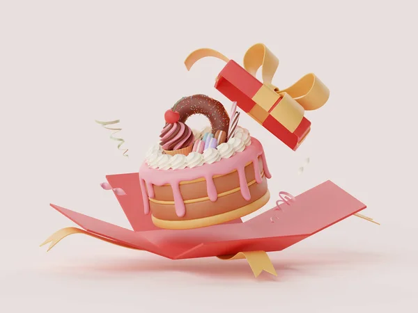 Birthday cake for celebration party pop up from gift box, Happy Birthday, 3d illustration