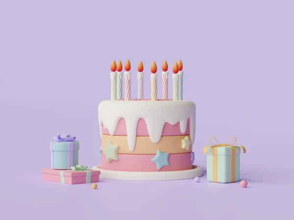 Birthday cake for celebration party with gift box, Happy Birthday, 3d illustration