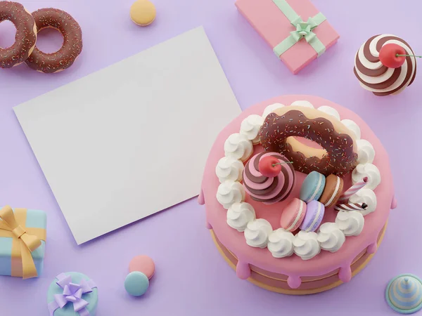 White paper with Birthday cake for celebration party, gift box, donut, macaron, Happy Birthday, 3d illustration