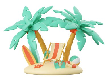 Yaz konseptinin 3D çizimi, Sahil Sandalyesi, palmiye ağacı, plaj esasları