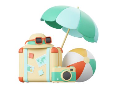 Yaz konsepti, bavul, plaj şemsiyesi topu ve kamera.