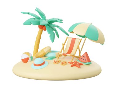 Yaz konsepti, sahil sandalyesi, plaj şemsiyesi ve plaj gerekliliklerinin 3D çizimi