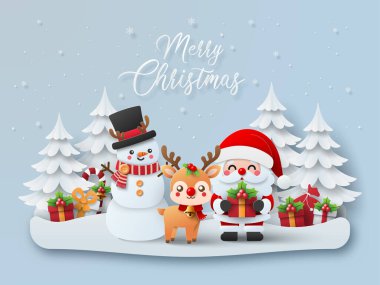 Mutlu Noeller ve mutlu yıllar, Noel Baba, ren geyiği ve Noel ağacı ve hediyeli kardan adamın Noel pankartı..