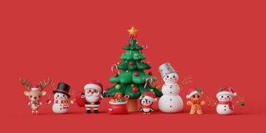 Noel karakteri, Noel Baba, Kardan Adam, Ren Geyiği, Penguen, Zencefilli Adam ve Noel ağacı ile 3D illüstrasyon afişi